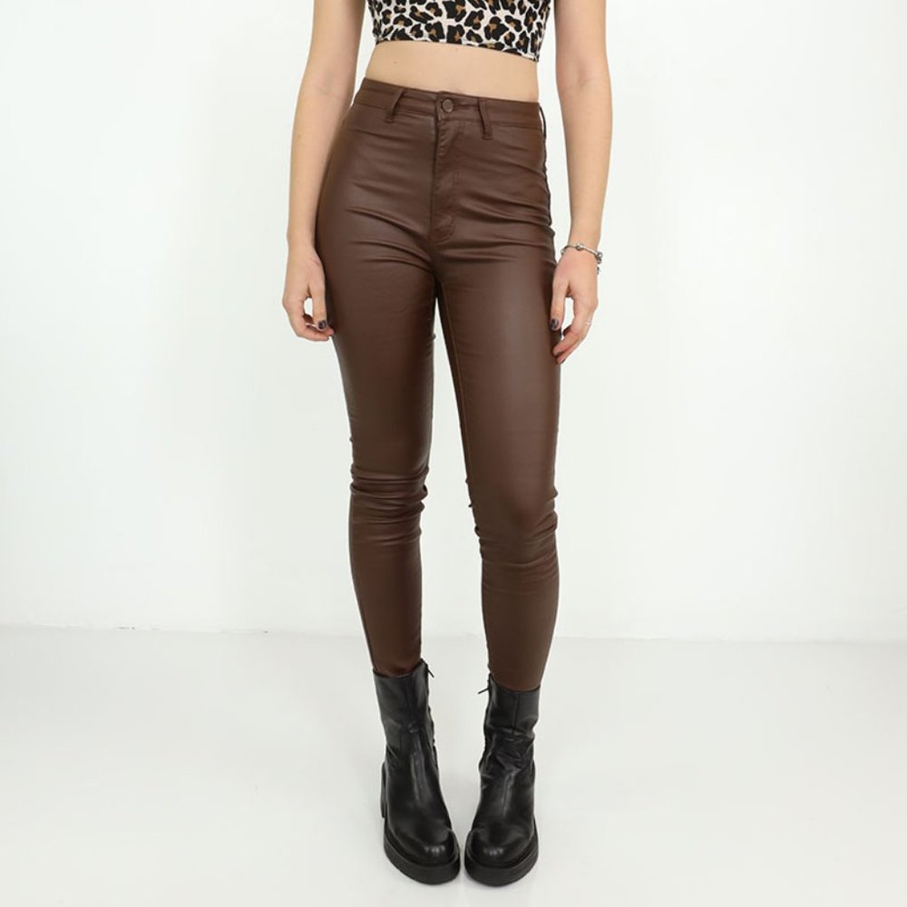 Quality leather pants for women, high waist, skinny, stretch comfortable brown